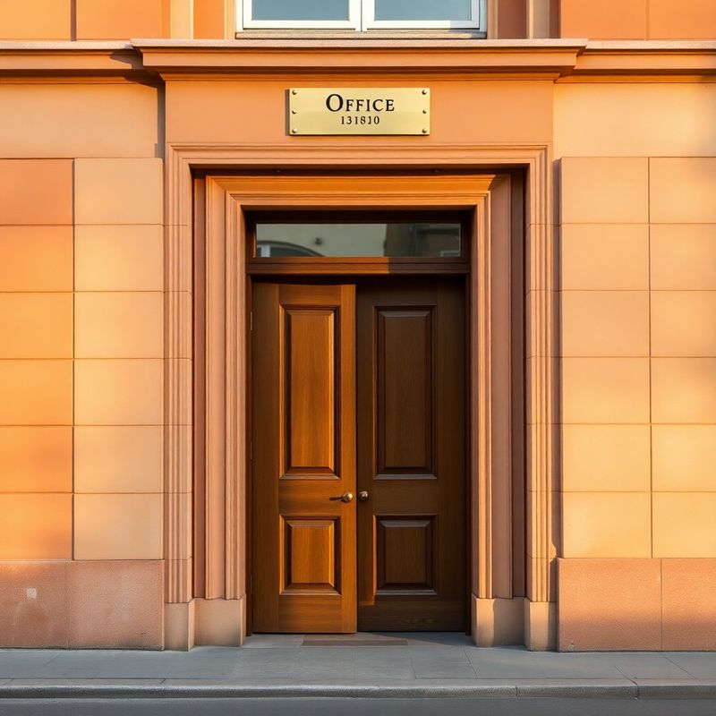 Quiet terracotta-cream Bucharest office entrance with a brass plaque and timber door