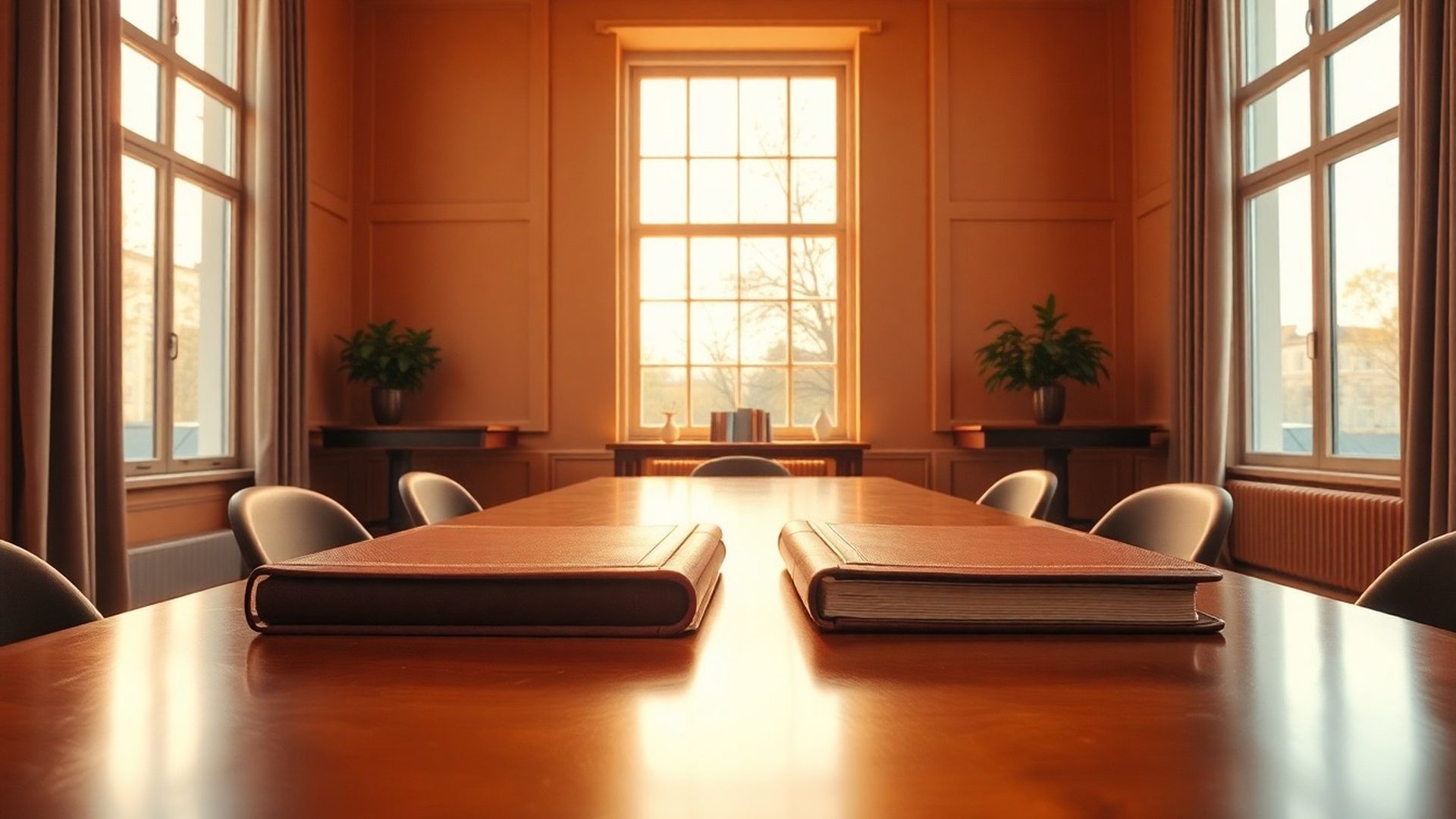 Warm terracotta-cream Bucharest advisory office interior with soft afternoon light