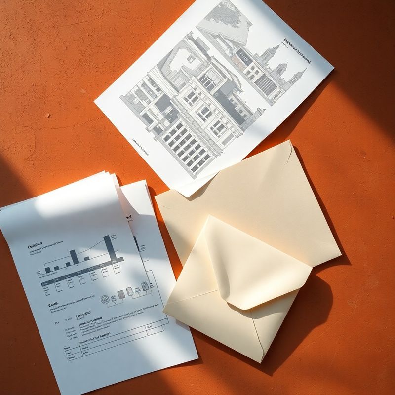 Editorial flat-lay of structured financial documents and architectural diagrams on a terracotta surface