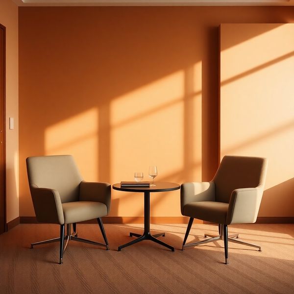 A warm terracotta-cream meeting room with three empty chairs around a low table